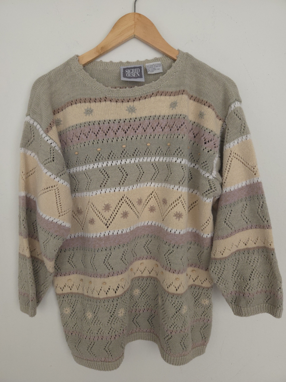 Vintage 90s Sigrid Olsen Pastel Ramie Cotton Knit Sweater Cottagecore L